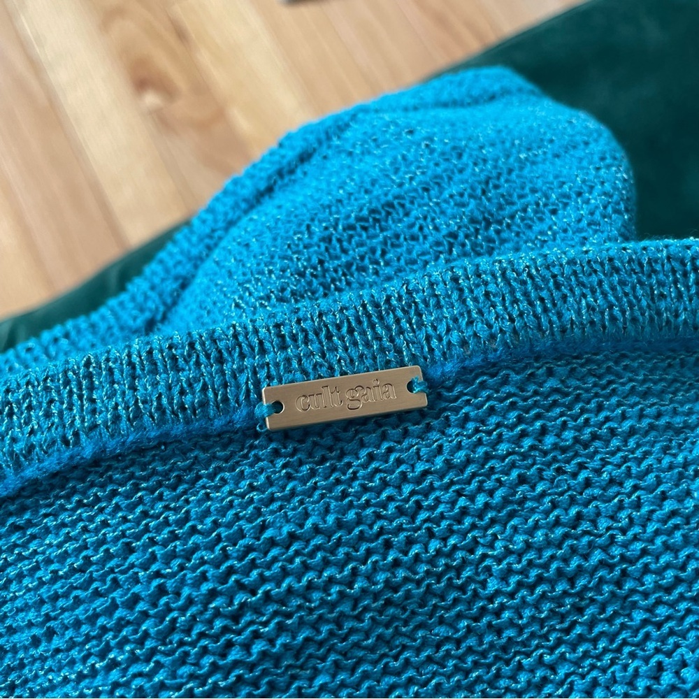 Cult Gaia Hedda Cyan Blue Stretch Knit Diamond Tie Cut Out Midi Skirt EUC Size S - Picture 11 of 12